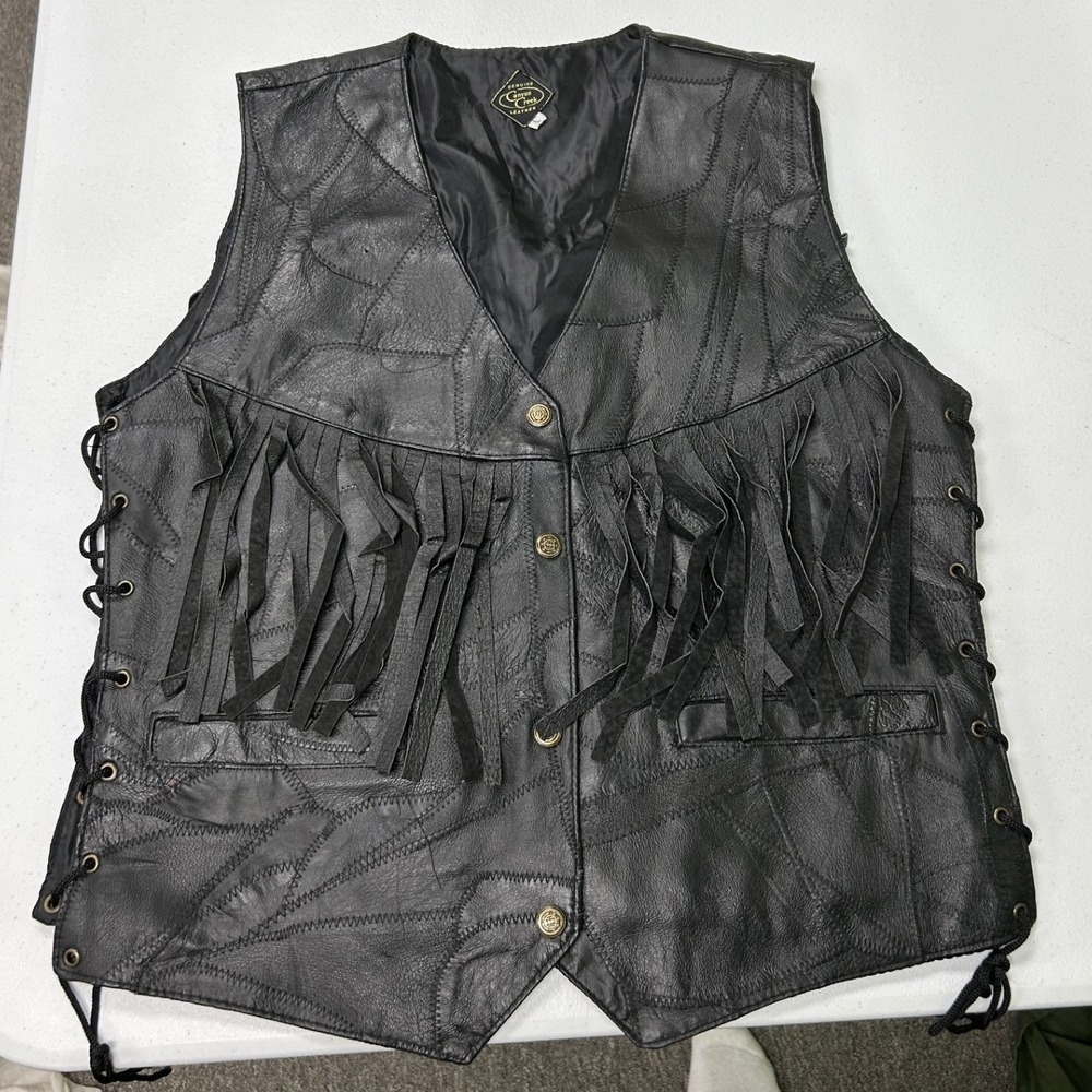 Canyon Creek Leather Vest Womens L Black Fringe Patchwork Biker Side Lace H1